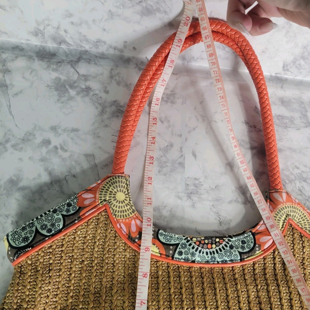 Vera Bradley Straw Tote Bag Tan Woven Floral Trim Orange Braided Handles Boho - Picture 12 of 12